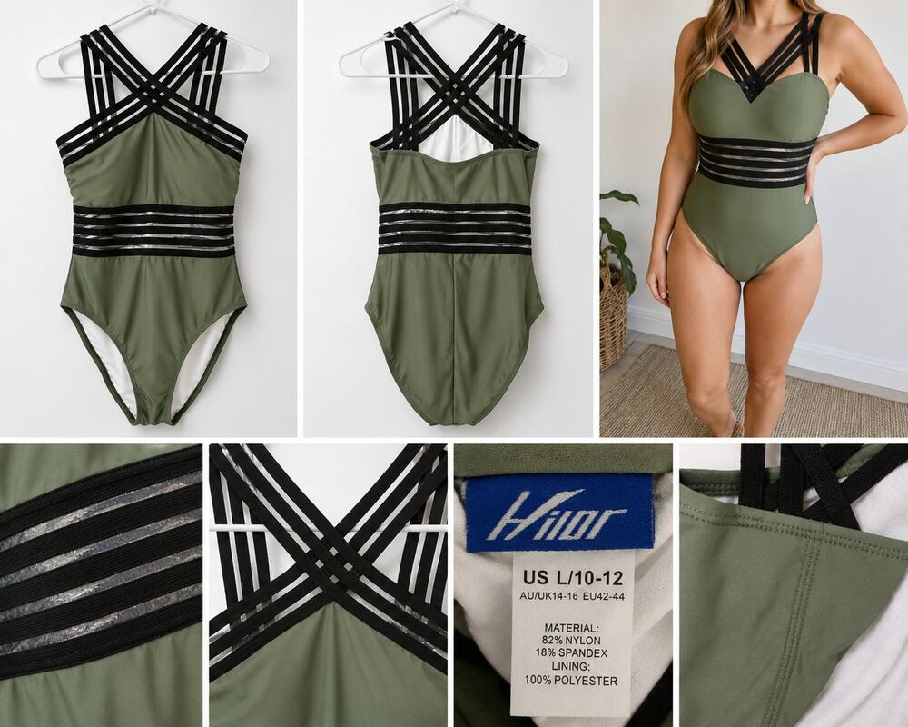 Hilor Women's Olive Green One-Piece Swimsuit with Crisscross Strappy Mesh Detail